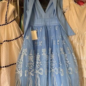 JessaKae Blue Formal Dress with White Embroidery